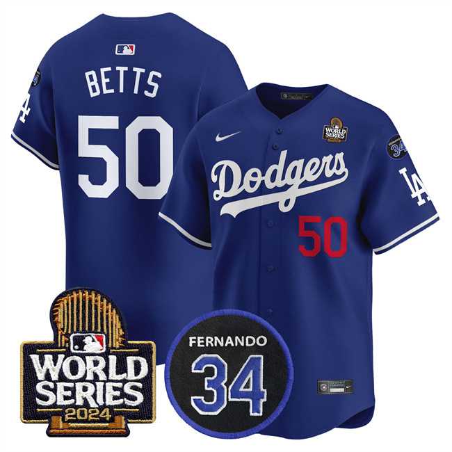 Men's Los Angeles Dodgers #50 Mookie Betts Royal 2024 World Series With Fernando Memorial Patch Limited Stitched Baseball Jersey,We sell and wholesale Men's Los Angeles Dodgers #50 Mookie Betts Royal 2024 World Series With Fernando Memorial Patch Limited Stitched Baseball Jersey on line form chian!